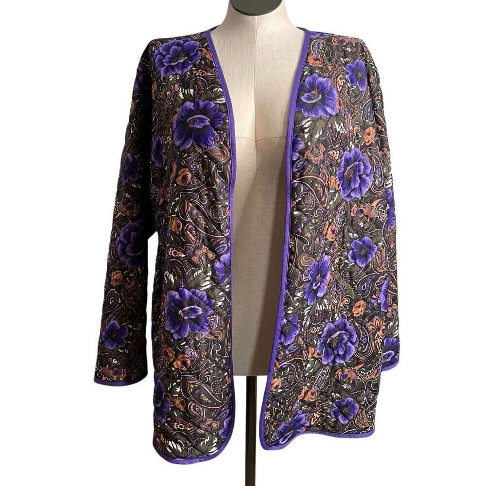 Vtg Lucky Winner Womens Quilted Housecoat Purple Floral Made in USA